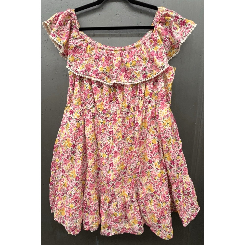 Cotton Floral Dress‎ 4X Pink Yellow Off Shoulder Ruffle Pockets Cottage Boho